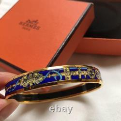 Vintage Hermes Enamel Bangle Bracelet Gold × Blue with Box From Japan Auth