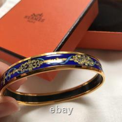 Vintage Hermes Enamel Bangle Bracelet Gold × Blue with Box From Japan Auth