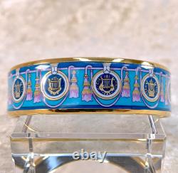 Vintage Hermes Enamel Bangle Bracelet Light Blue Enamel Tassel Gold Rim Size 65