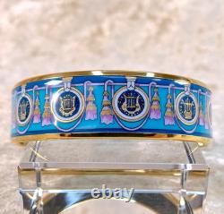 Vintage Hermes Enamel Bangle Bracelet Light Blue Enamel Tassel Gold Rim Size 65