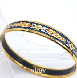 Vintage Hermes Enamel Bangle Bracelet Navy Blue Cloisonné gold floral Gold Rim