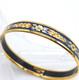 Vintage Hermes Enamel Bangle Bracelet Navy Blue Cloisonné Gold Floral Gold Rim