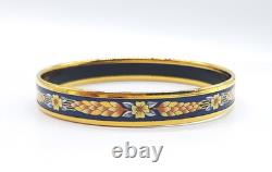 Vintage Hermes Enamel Bangle Bracelet Navy Blue Cloisonné gold floral Gold Rim