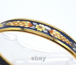 Vintage Hermes Enamel Bangle Bracelet Navy Blue Cloisonné gold floral Gold Rim