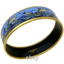 Vintage Hermes Enamel Bangle Bracelet Rare Blue Enamel Dolphins Gold