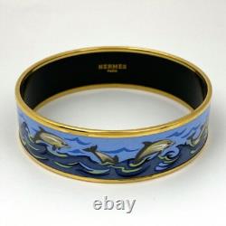 Vintage Hermes Enamel Bangle Bracelet Rare Blue Enamel Dolphins Gold