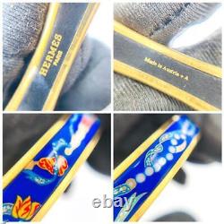 Vintage Hermes Enamel Bangle Bracelet Ribbon Pattern Blue Gold From Japan Auth