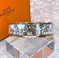 Vintage Hermes Enamel Bangle Bracelet White Enamel Horse Car Gold Rim 65 with Case