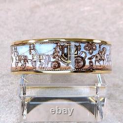 Vintage Hermes Enamel Bangle Bracelet White Enamel Horse Car Gold Rim 65 with Case