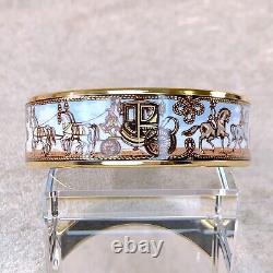 Vintage Hermes Enamel Bangle Bracelet White Enamel Horse Car Gold Rim 65 with Case