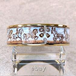 Vintage Hermes Enamel Bangle Bracelet White Enamel Horse Car Gold Rim 65 with Case