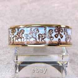 Vintage Hermes Enamel Bangle Bracelet White Enamel Horse Car Gold Rim 65 with Case