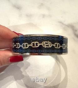 Vintage Hermes Palladium Plated Blue Enamel Chaine d'Ancre Bangle Bracelet