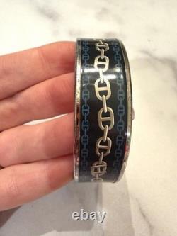Vintage Hermes Palladium Plated Blue Enamel Chaine d'Ancre Bangle Bracelet