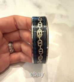 Vintage Hermes Palladium Plated Blue Enamel Chaine d'Ancre Bangle Bracelet