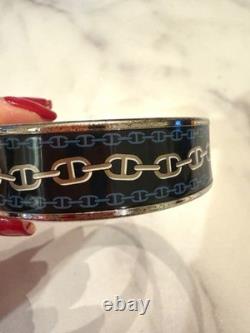 Vintage Hermes Palladium Plated Blue Enamel Chaine d'Ancre Bangle Bracelet