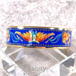 Vintage Hermes Paris Bangle Bracelet Blue Enamel Brazil Feathers Gold Rim 65