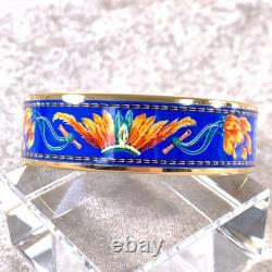 Vintage Hermes Paris Bangle Bracelet Blue Enamel Brazil Feathers Gold Rim 65