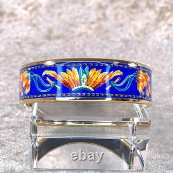 Vintage Hermes Paris Bangle Bracelet Blue Enamel Brazil Feathers Gold Rim 65