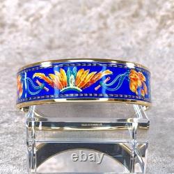 Vintage Hermes Paris Bangle Bracelet Blue Enamel Brazil Feathers Gold Rim 65