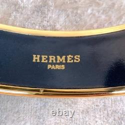 Vintage Hermes Paris Bangle Bracelet Blue Enamel Brazil Feathers Gold Rim 65
