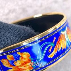 Vintage Hermes Paris Bangle Bracelet Blue Enamel Brazil Feathers Gold Rim 65