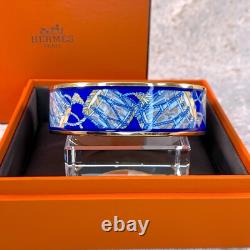 Vintage Hermes Paris Bangle Bracelet Blue Enamel Drums Gold Rim 70 with Box