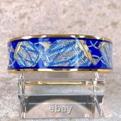 Vintage Hermes Paris Bangle Bracelet Blue Enamel Drums Gold Rim 70 with Box