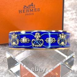 Vintage Hermes Paris Bangle Bracelet Blue Enamel Gold Rim Size 65 with Case