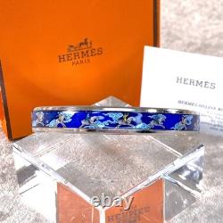 Vintage Hermes Paris Bangle Bracelet Blue Enamel Grey Horse Silver Rim 65 withBox