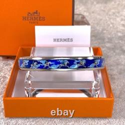 Vintage Hermes Paris Bangle Bracelet Blue Enamel Grey Horse Silver Rim 65 withBox