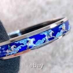 Vintage Hermes Paris Bangle Bracelet Blue Enamel Grey Horse Silver Rim 65 withBox