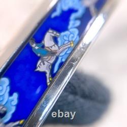Vintage Hermes Paris Bangle Bracelet Blue Enamel Grey Horse Silver Rim 65 withBox