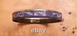Vintage Hermes Paris Blue Enamel Bangle Bracelet Botanical Design withSilver Rim