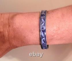 Vintage Hermes Paris Blue Enamel Bangle Bracelet Botanical Design withSilver Rim