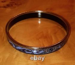Vintage Hermes Paris Blue Enamel Bangle Bracelet Botanical Design withSilver Rim
