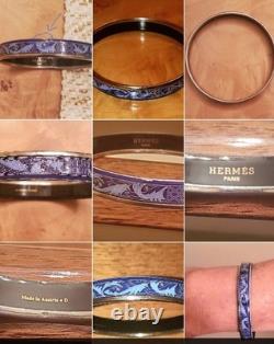 Vintage Hermes Paris Blue Enamel Bangle Bracelet Botanical Design withSilver Rim