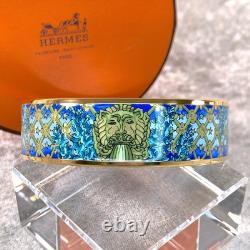 Vintage Hermes Paris Enamel Bangle Bracelet Blue Enamel Gold Rim Size 65 withBox