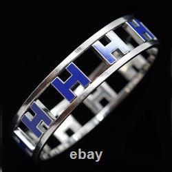 Vintage Hermes Paris H Bangle Bracelet Blue Enamel H's Swivel Reverse (6258)