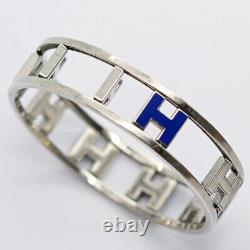 Vintage Hermes Paris H Bangle Bracelet Blue Enamel H's Swivel Reverse (6258)