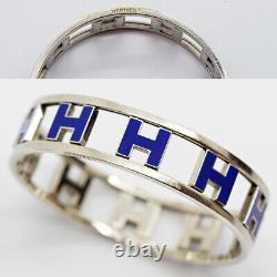Vintage Hermes Paris H Bangle Bracelet Blue Enamel H's Swivel Reverse (6258)