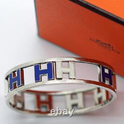 Vintage Hermes Paris H Bangle Bracelet Blue Enamel H's Swivel Reverse (6258)