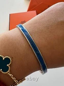 Vintage Hermes Plain Palladium-plated Enamel Extra Thin Bracelet Sz 70 Blue