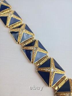 Vintage Hutton Wilkinson Bracelet Cobalt Blue Enamel Rhinestone Gold Tone Panel
