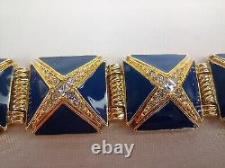 Vintage Hutton Wilkinson Bracelet Cobalt Blue Enamel Rhinestone Gold Tone Panel