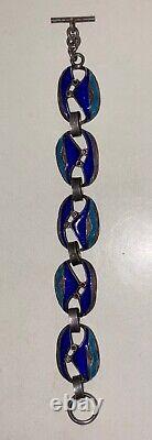 Vintage Italian Modernist Enamel Guilloche Blue Aqua AR 92 800 Silver Bracelet