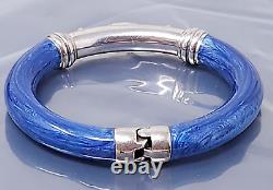 Vintage Italy Sterling Silver Aquamarine Blue Enamel Bangle Hinged Bracelet