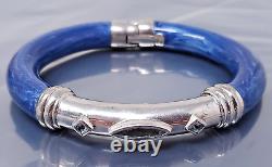 Vintage Italy Sterling Silver Aquamarine Blue Enamel Bangle Hinged Bracelet