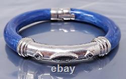 Vintage Italy Sterling Silver Aquamarine Blue Enamel Bangle Hinged Bracelet