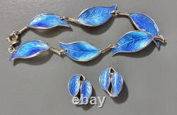 Vintage Jewelry David Andersen Sterling Enamel Blue Leaf Bracelet / Earrings Set